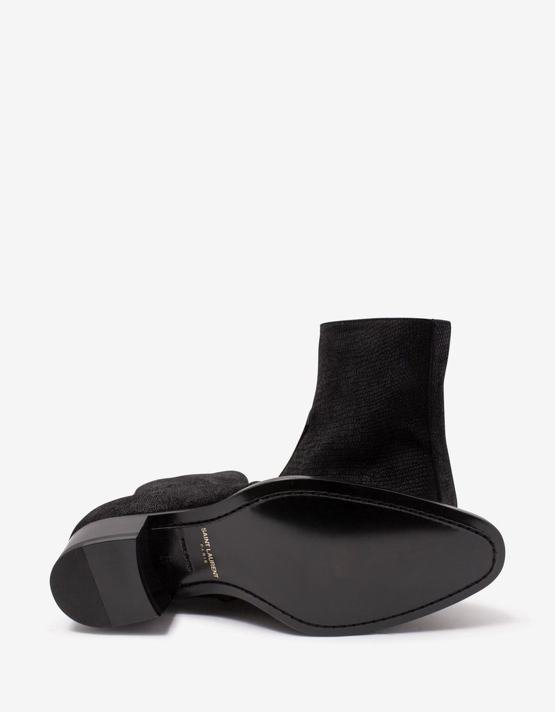 Saint Laurent Wyatt Black Lizard Embossed Ankle Boots