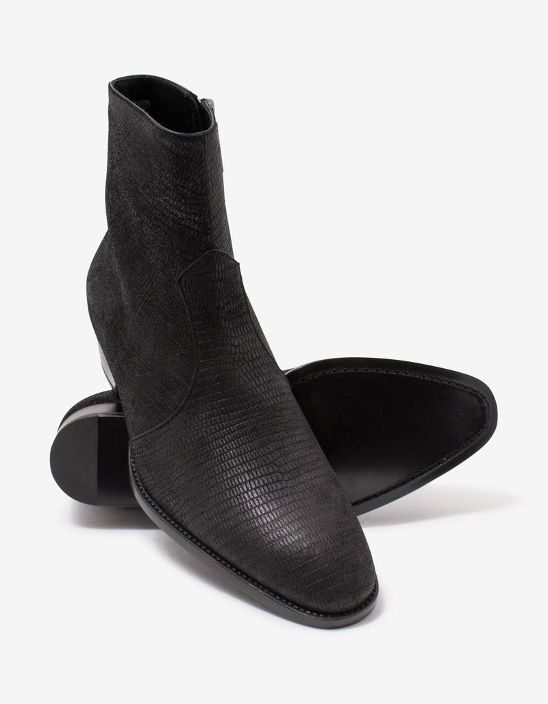 Saint Laurent Wyatt Black Lizard Embossed Ankle Boots