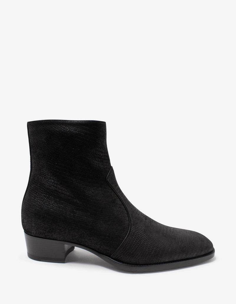 Saint Laurent Wyatt Black Lizard Embossed Ankle Boots