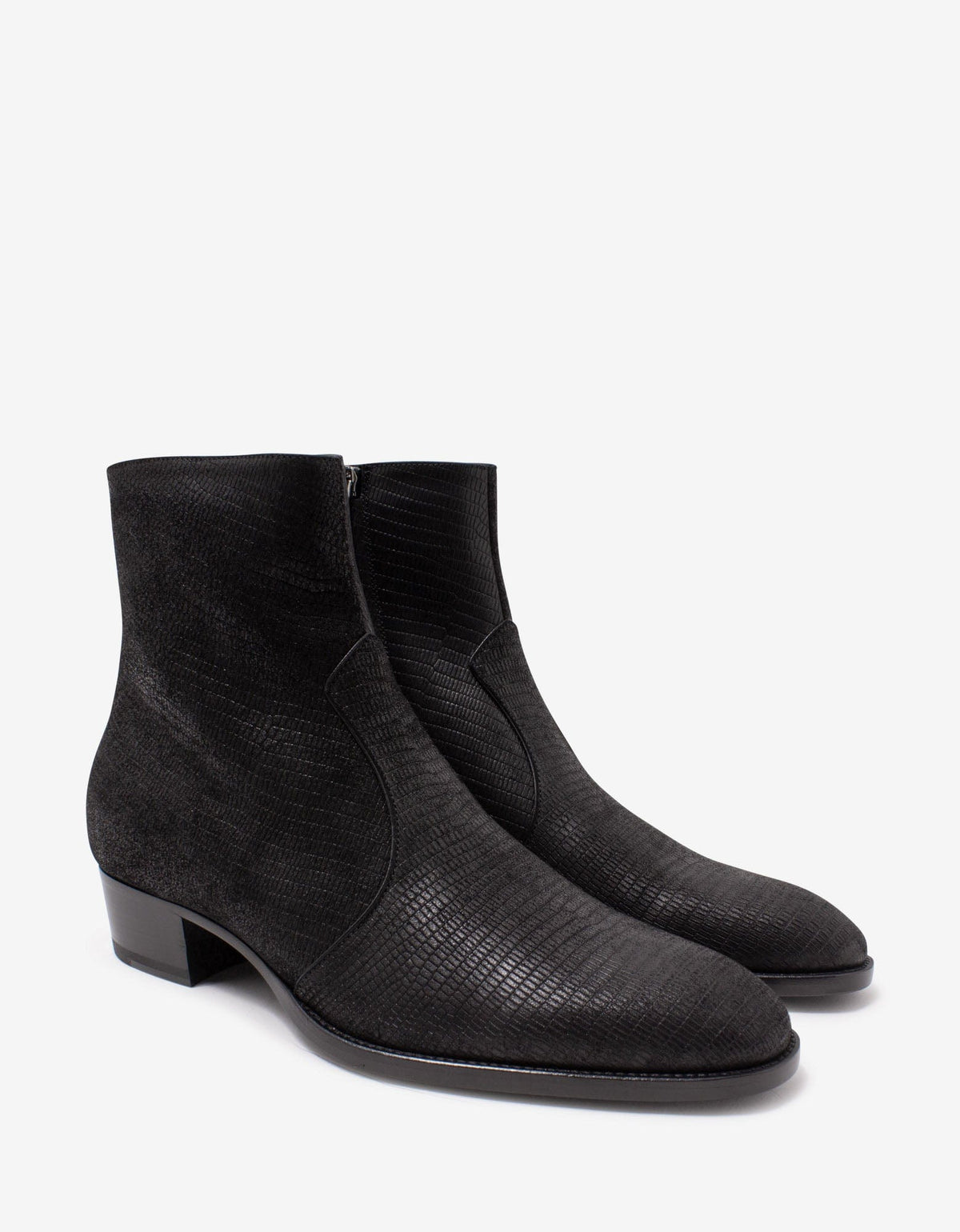 Saint Laurent Wyatt Black Lizard Embossed Ankle Boots