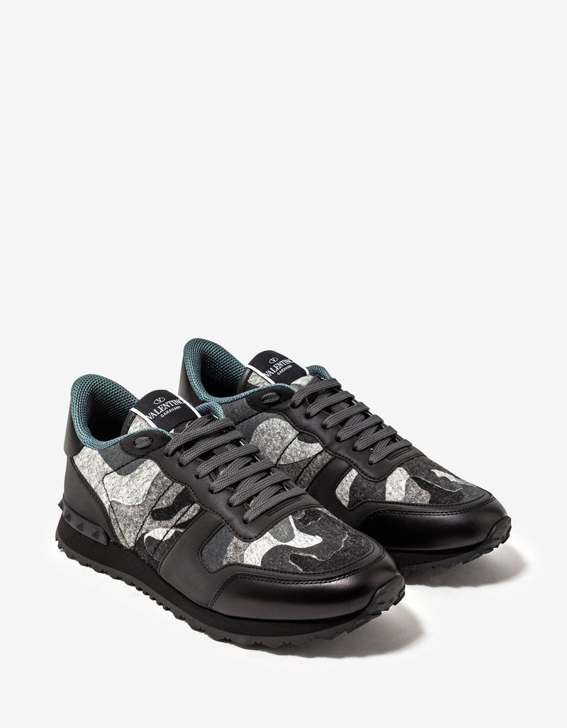 Valentino Garavani Black & Grey Wool Felt Camo Rockrunner Trainers