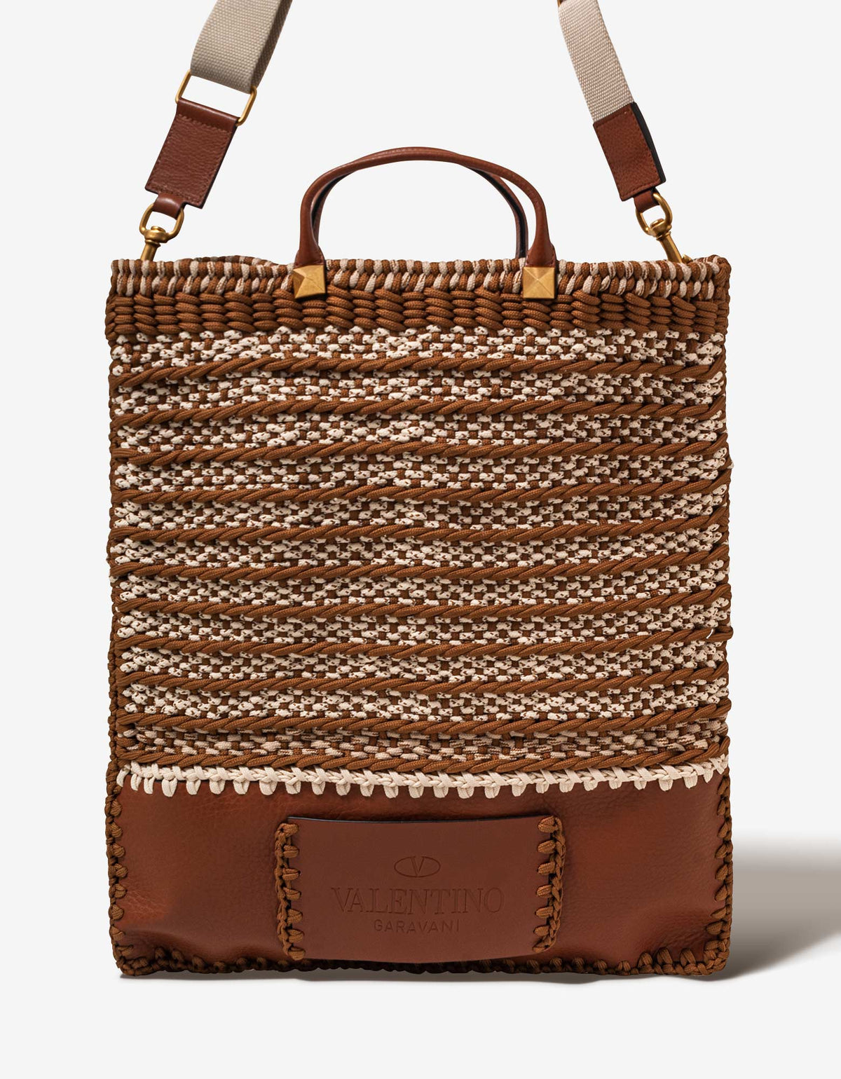 Valentino Garavani Brown Leather and Crochet Tote Bag