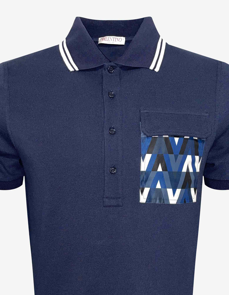 Valentino Garavani Valentino Garavani Navy Blue Optical Valentino Patch Polo T-Shirt