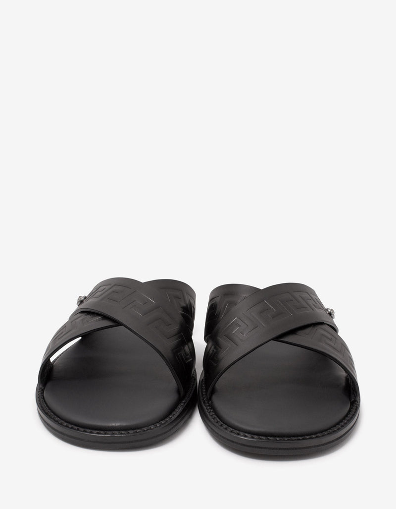 Versace Black Embossed Greca Sandals