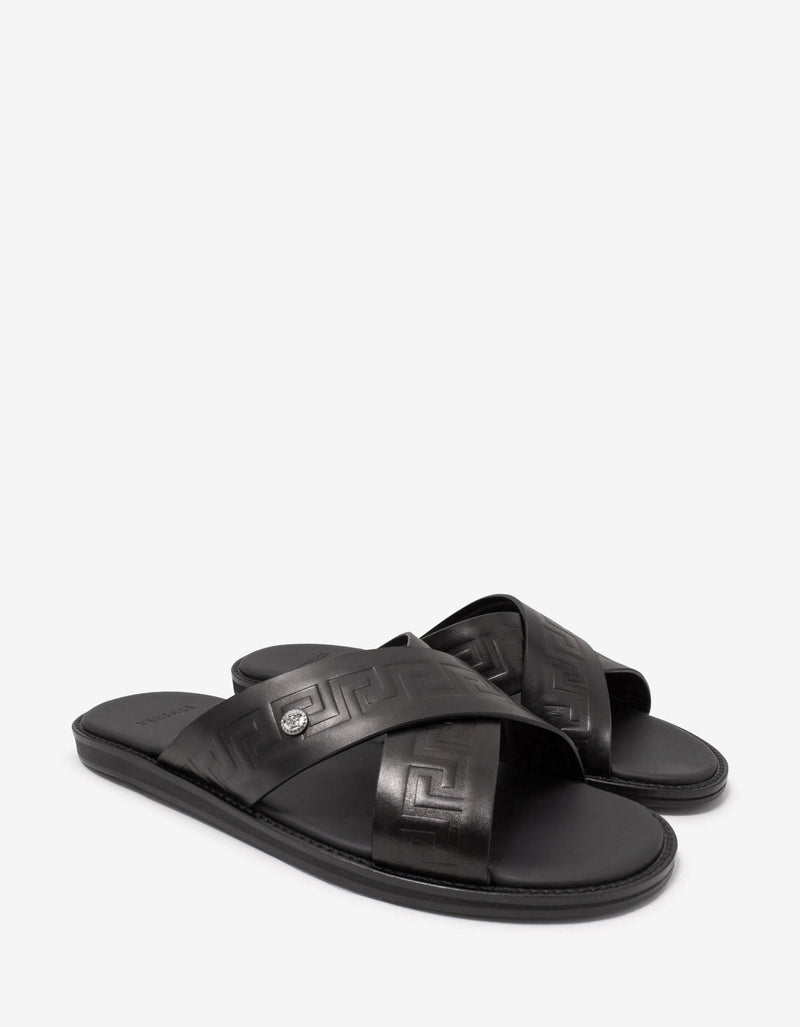 Versace Black Embossed Greca Sandals