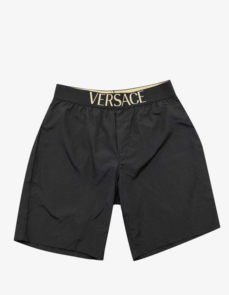 Versace Gym Black Logo Band Long Swim Shorts