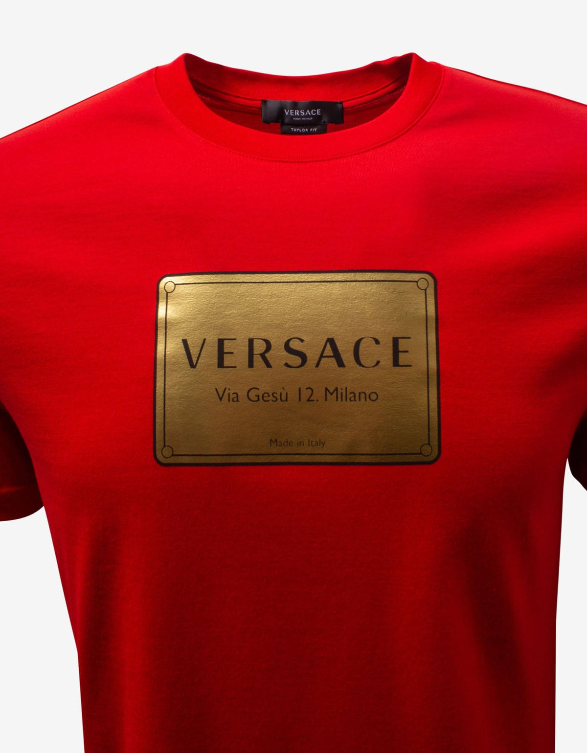 Versace Red Via Gesu Plaque Print T-Shirt