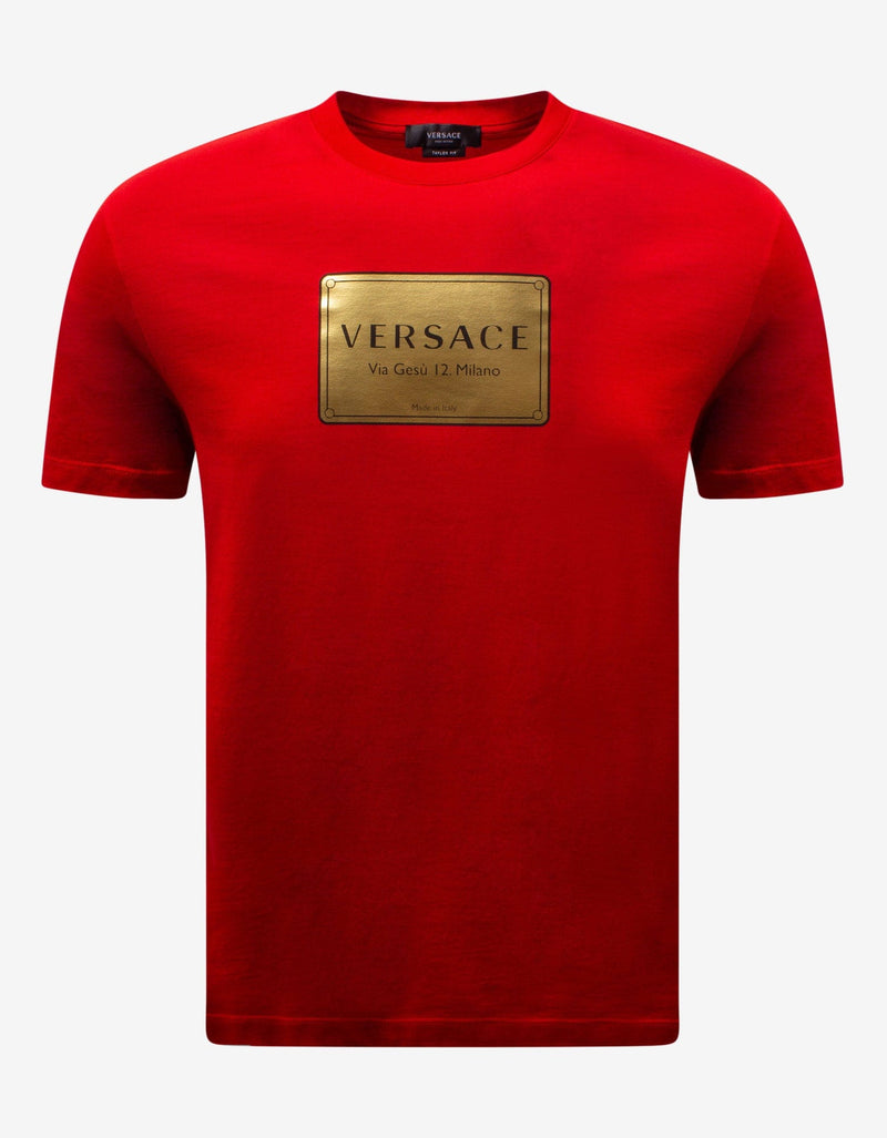 Versace Red Via Gesu Plaque Print T-Shirt